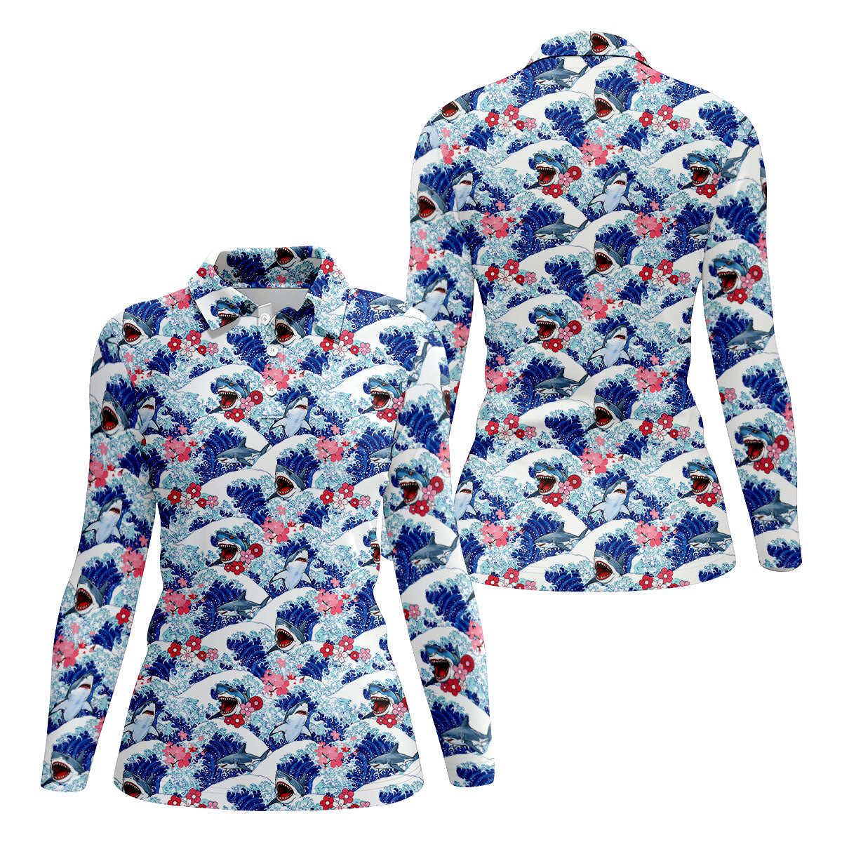 Funny Shark Japanese Wave Hawaiian Golf Shirt, Women's Golf Tops, Ladies Golf Shirts