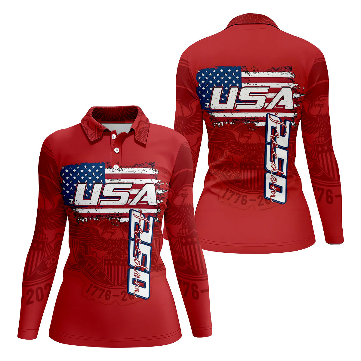 USA 250 Freedom Flag And Bald Eagle Ladies Golf Tops, Patriotic 4th Of July Golf Shirt For Women