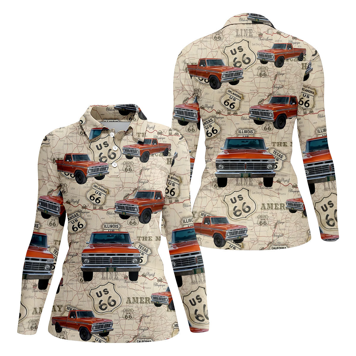 Custom Photo Truck Golf Shirt, Vintage Pickup Route 66 Map Pattern, Golf Shirt For Women