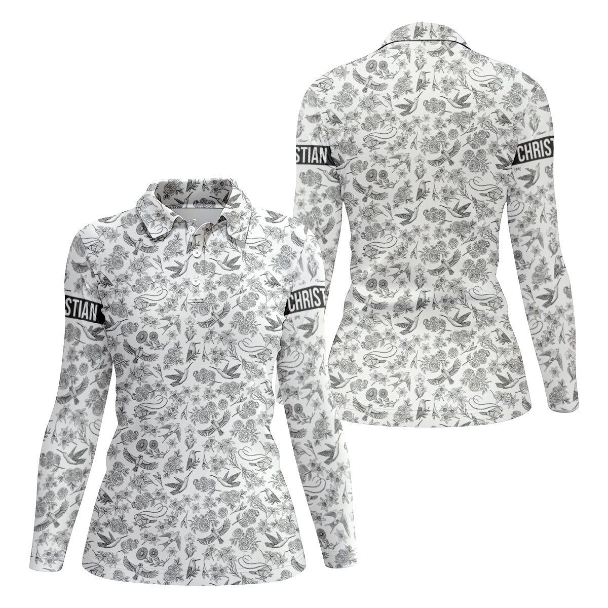 Custom Name Toile de Jouy Birds And Flowers Grey And White Women Golf Top, Ladies Golf Polos