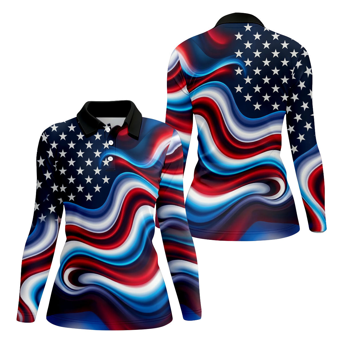 Star Pattern Red White Blue Wavy Stripes 250th Anniversary, Patriotic 4th Of July Golf Shirt For Women