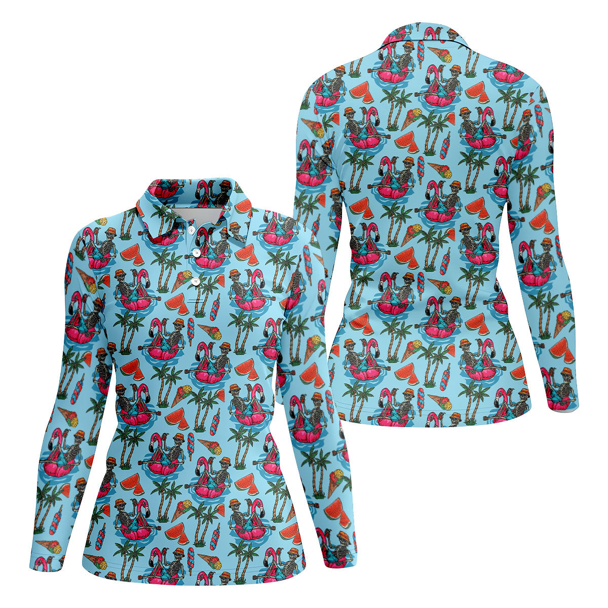 Skeleton Flamingo Summer Vibe Retro Golf Shirt, Fun Women's Golf Shirts, Golf Shirt For Women, Ladies Golf Shirts