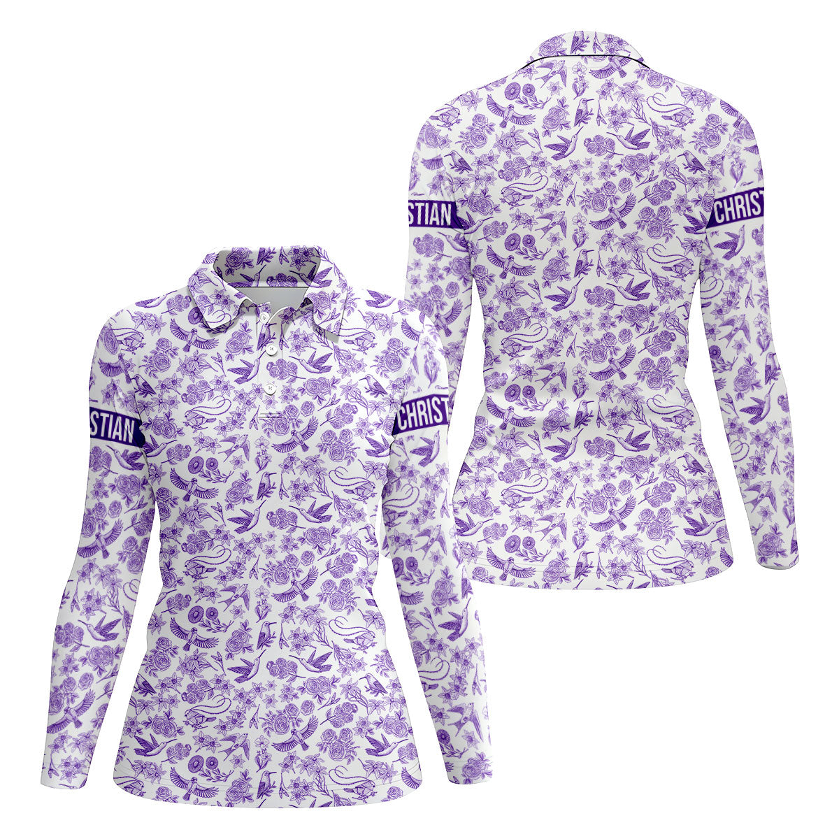 Custom Name Toile de Jouy Birds And Flowers Purple And White Women Golf Top, Ladies Golf Polos