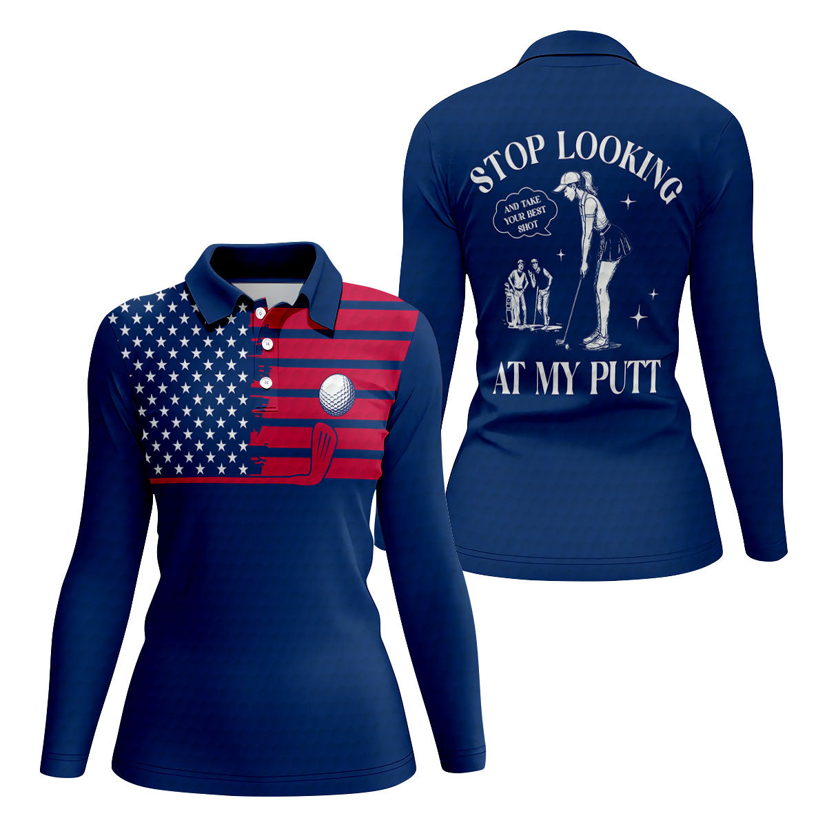 Stop Looking At My Putt US Flag Pattern Funny Golf Shirt, 250 Years 4th Of July Patriotic Golf Shirt For Women