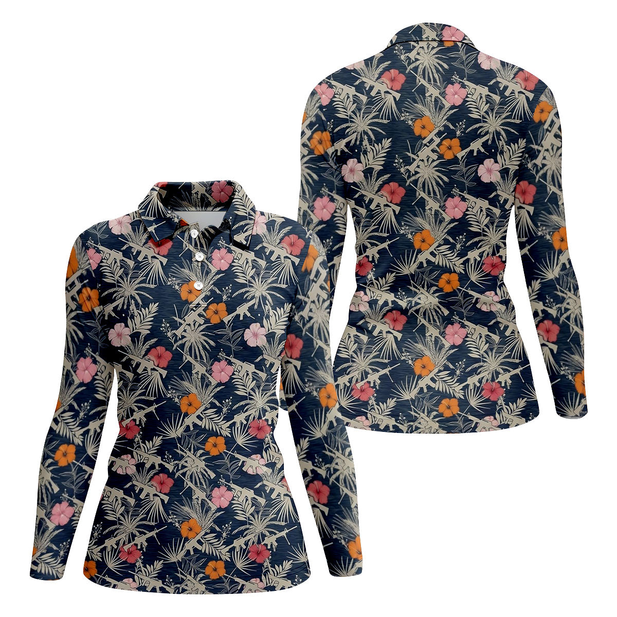 Hawaiian Hibicus Military Theme Navy Golf Shirt, Women Golf Top, Ladies Golf Shirts