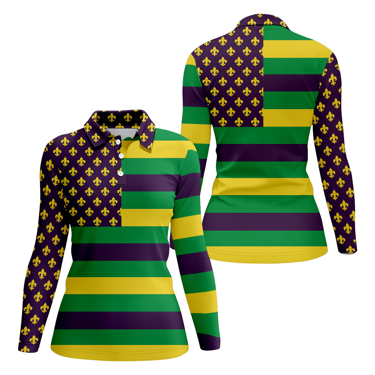 Mardi Gras Flags Fleur De Lis Purple Green Gold Ladies Golf Tops, Women's Golf Tops, Ladies Golf Polos