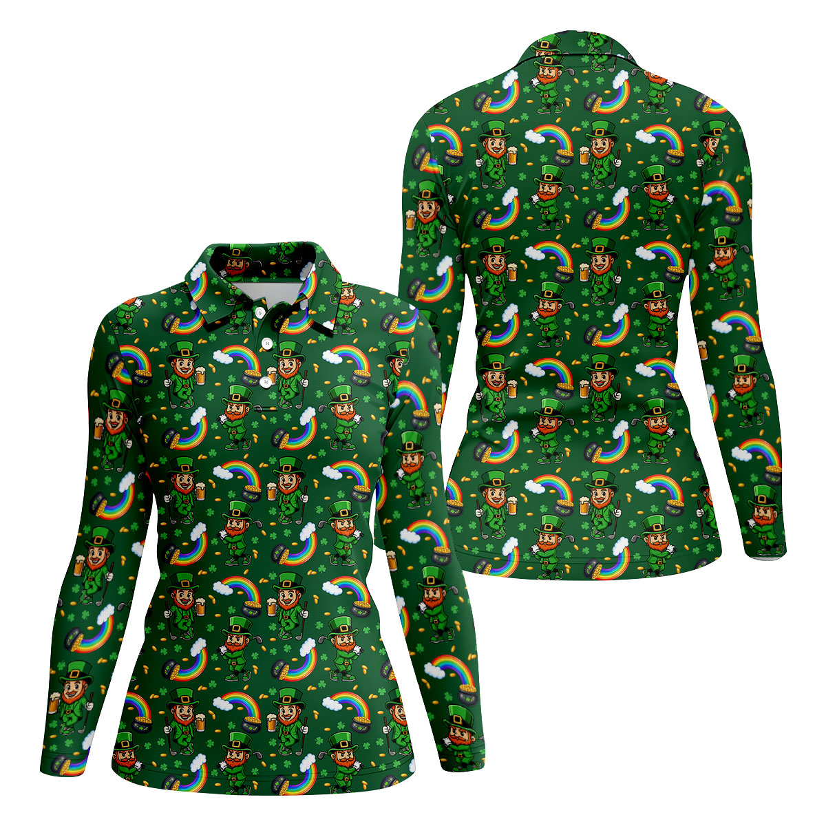 St Patrick's Day Leprechaun Golf Pose Rainbow Gold Pot Shamrock Golf Shirt, Women's Golf Shirts, Ladies Golf Polos