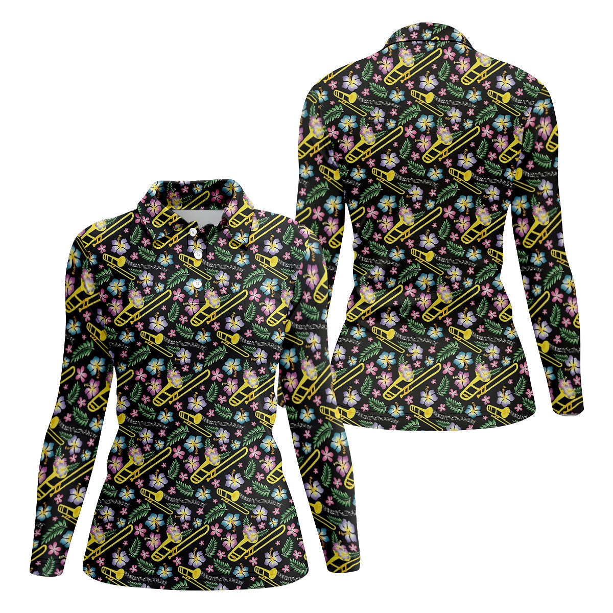 Trombones Floral Tropical Vibe Golf Shirt For Women, Ladies Golf Shirts, Women's Polo Shirt