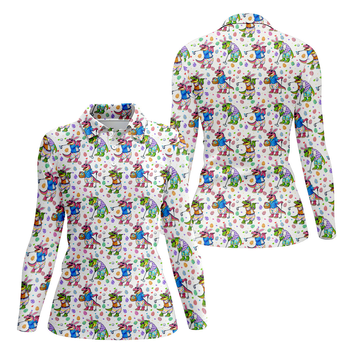 Easter Dinosaur Gradient Pattern Women Golf Top, Fun Women's Golf Shirts, Ladies Golf Shirts