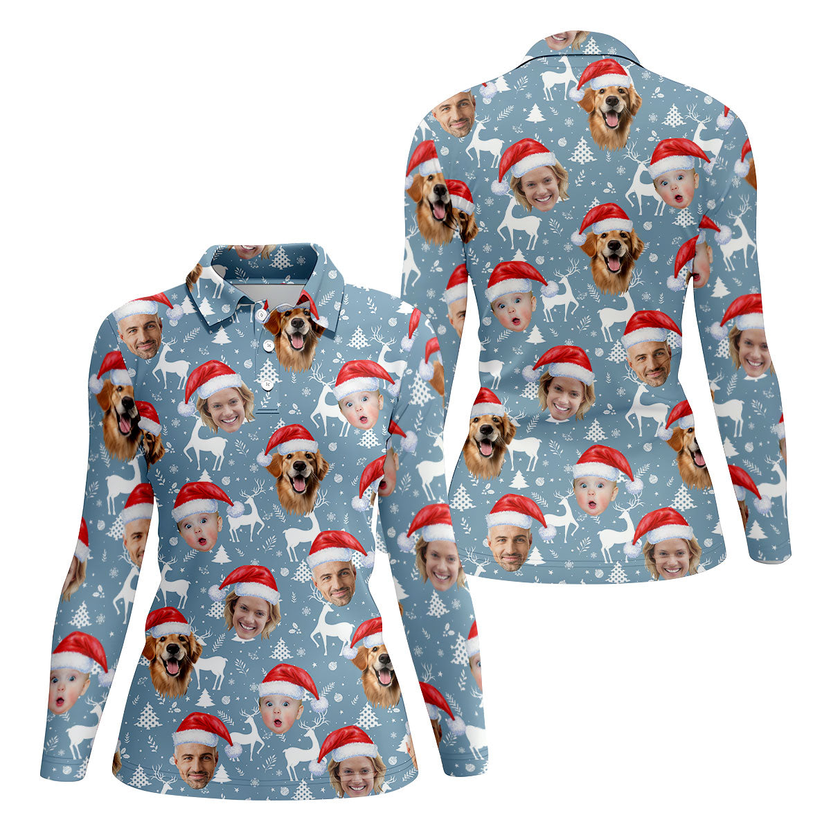 Custom Face Reindeer Pattern Ice Blue Christmas Golf Shirt, Women's Golf Tops, Golf Gift For Ladies