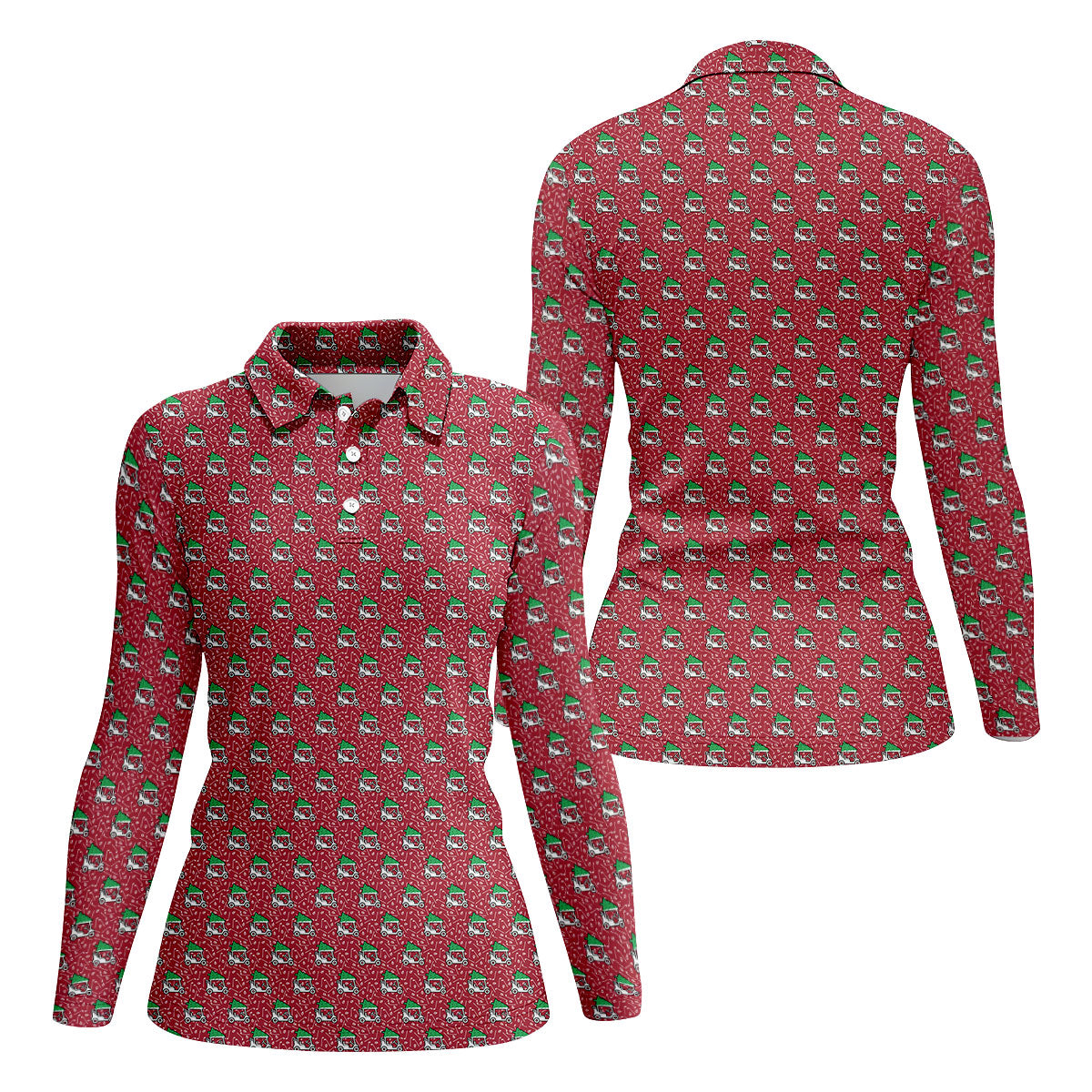Christmas Golf Cart Pattern Red Women's Golf Tops, Christmas Golf Shirt, Polo ShirtFor Women
