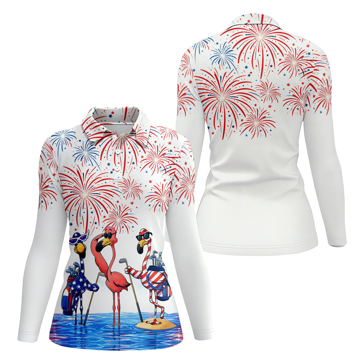 Funny Flamingo American Flag Pattern White Golf Shirt, 250th Anniversary Patriotic Golf Shirt, Women's Polo Shirt