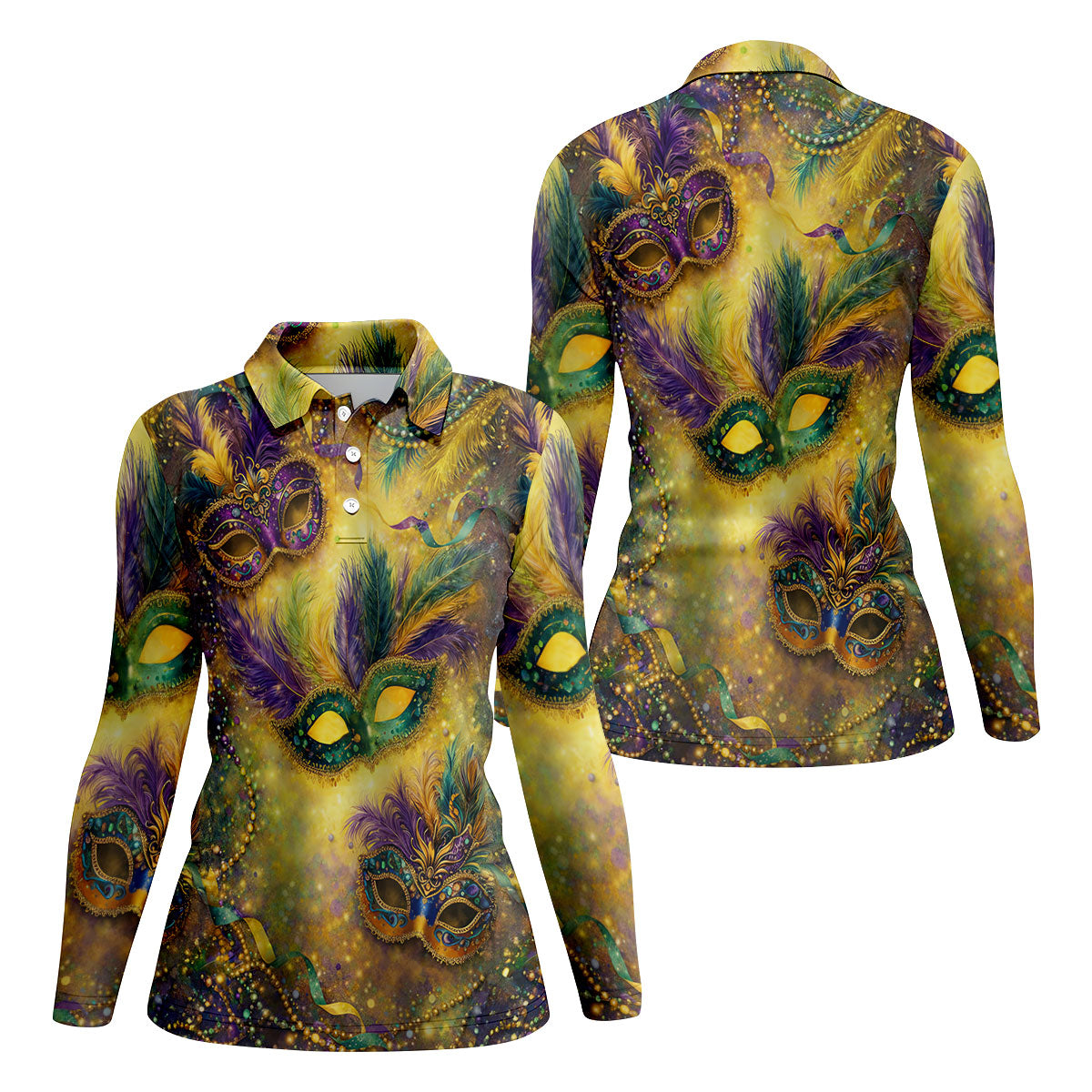 Masquerade Mask Beads Chain Sparkling Effect Mardi Gras Golf Shirt, Women's Golf Tops, Ladies Golf Shirts