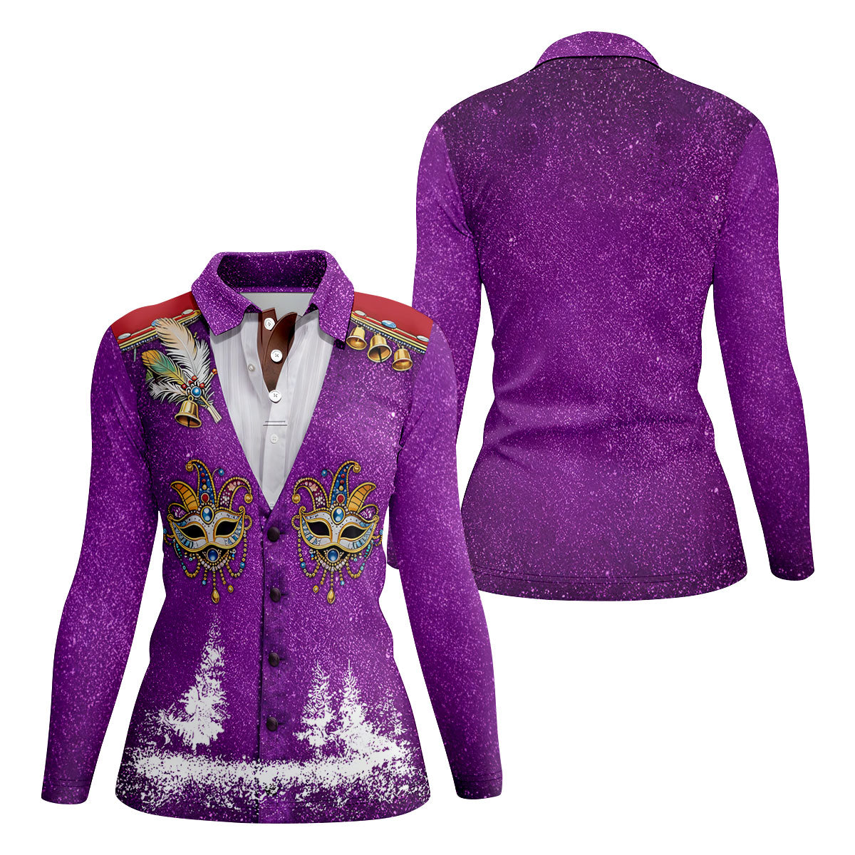 Masquerade Mask Feather Mardi Gras Glitter Print Purple Golf Shirt, Women's Golf Tops, Ladies Golf Shirts