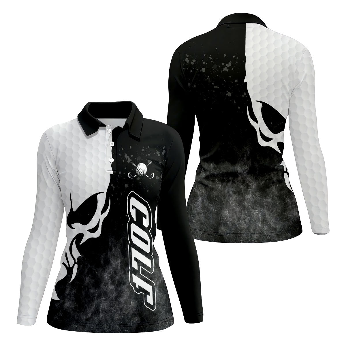 Monochrome Skull Golf Ball Graphic Golf Shirt, Golf Polo For Women, Printed Golf Shirt
