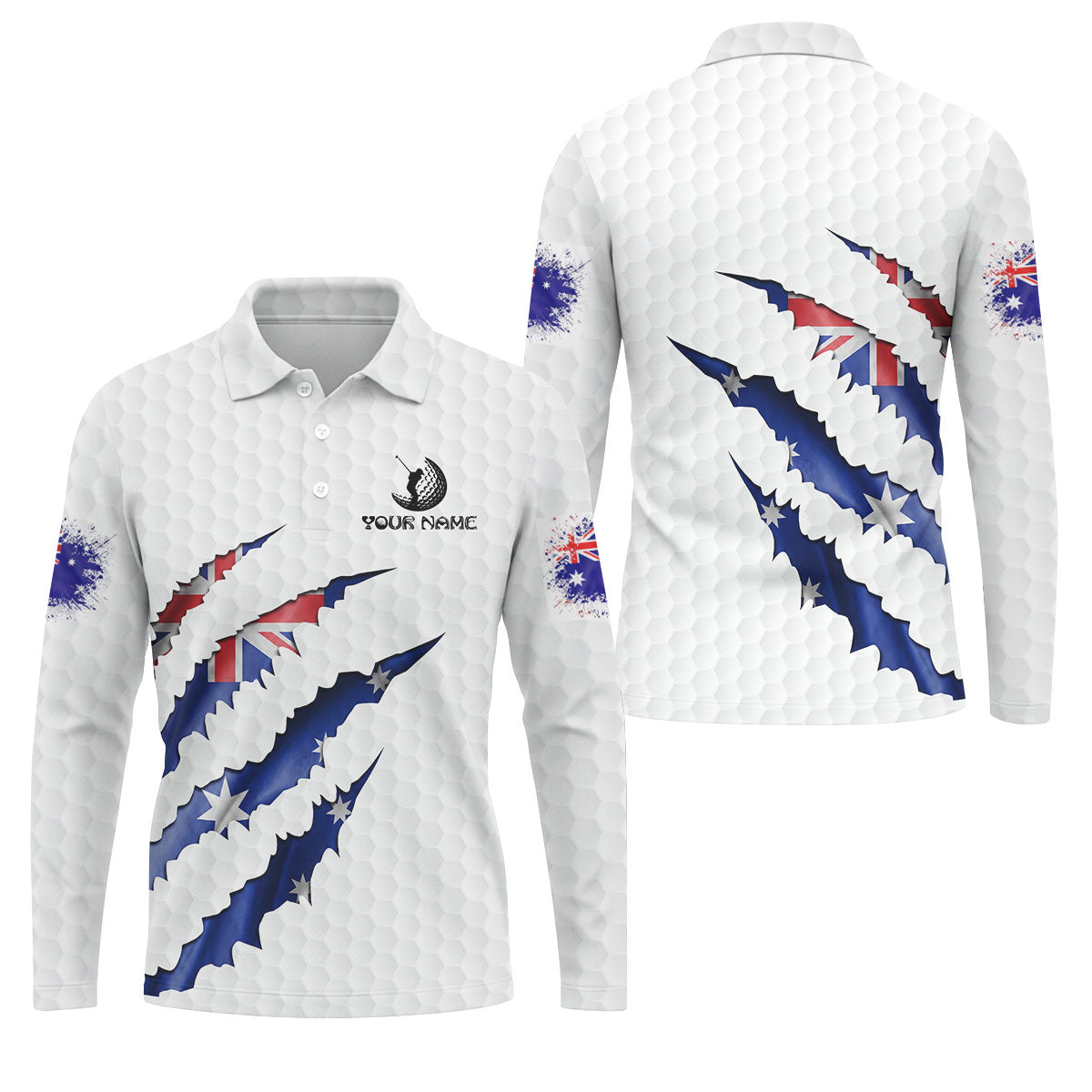 Golf Ball Pattern Australia Flag Print Scratch Effect Men's Golf Top, Golf Shirts For Men