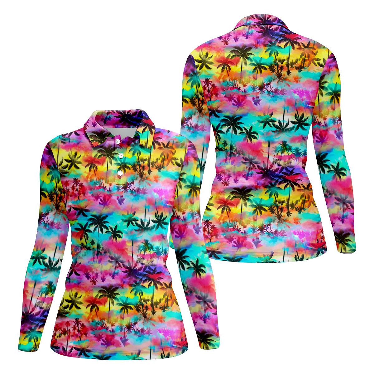 Watercolor Tropical Palm Golf Shirt, Colorful Sunset Hawaiian Polo, Polo Shirts For Women