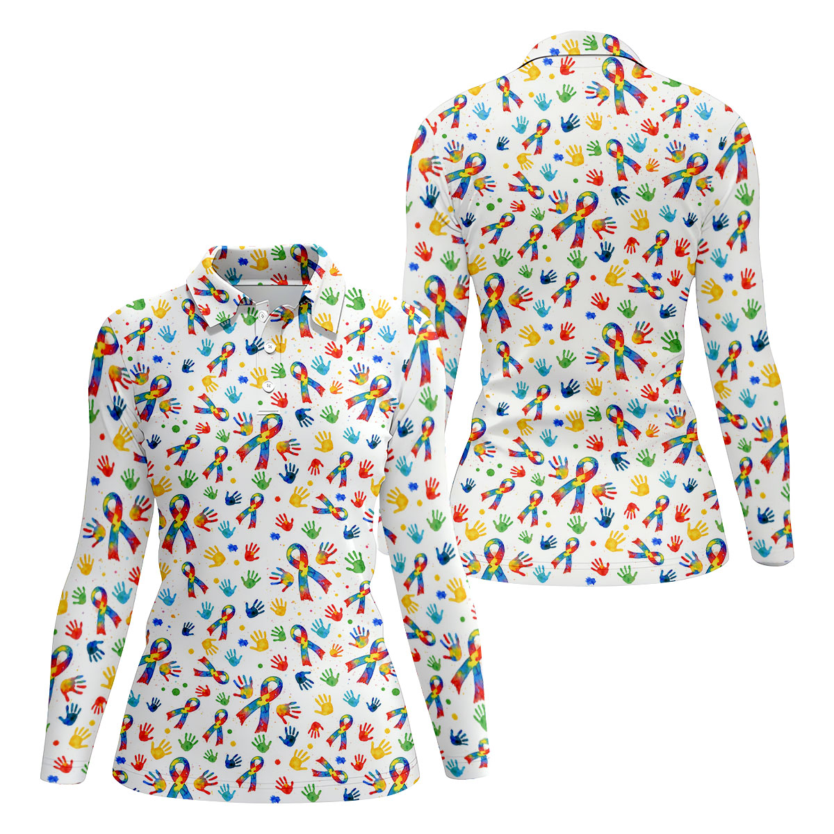 Colorful Handprints Autism Ribbon Women's Golf Tops, Autism Awareness Color Ladies Golf Polos