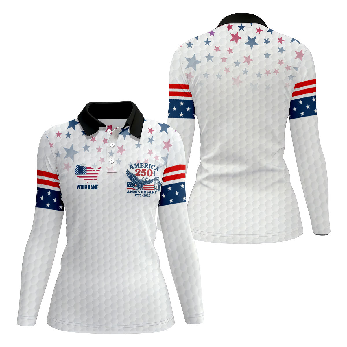 America 250th Anniversary Red White And Blue Stars White Golf Shirt, Patriotic 4th Of July Golf Shirt For Women