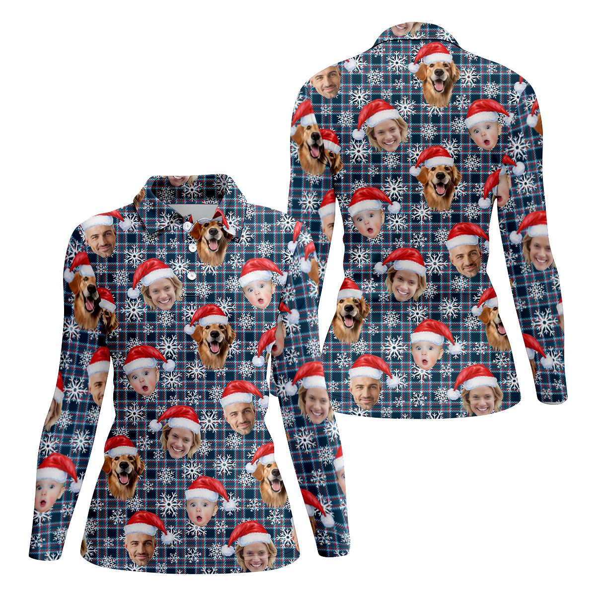 Custom Face Red And Blue Plaid Snowflakes Print Christmas Golf Shirt, Ladies Golf Tops, Golf Gifts For Women