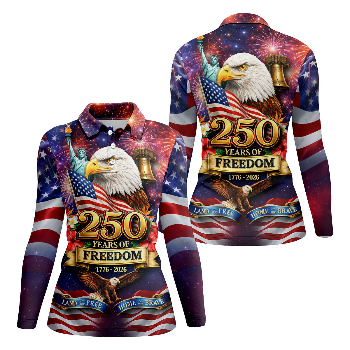 250 Years Of Freedom 1776-2026 Galaxy Pattern 4th Of July Women Golf Top, 250th Anniversary Patriotic Golf Shirt