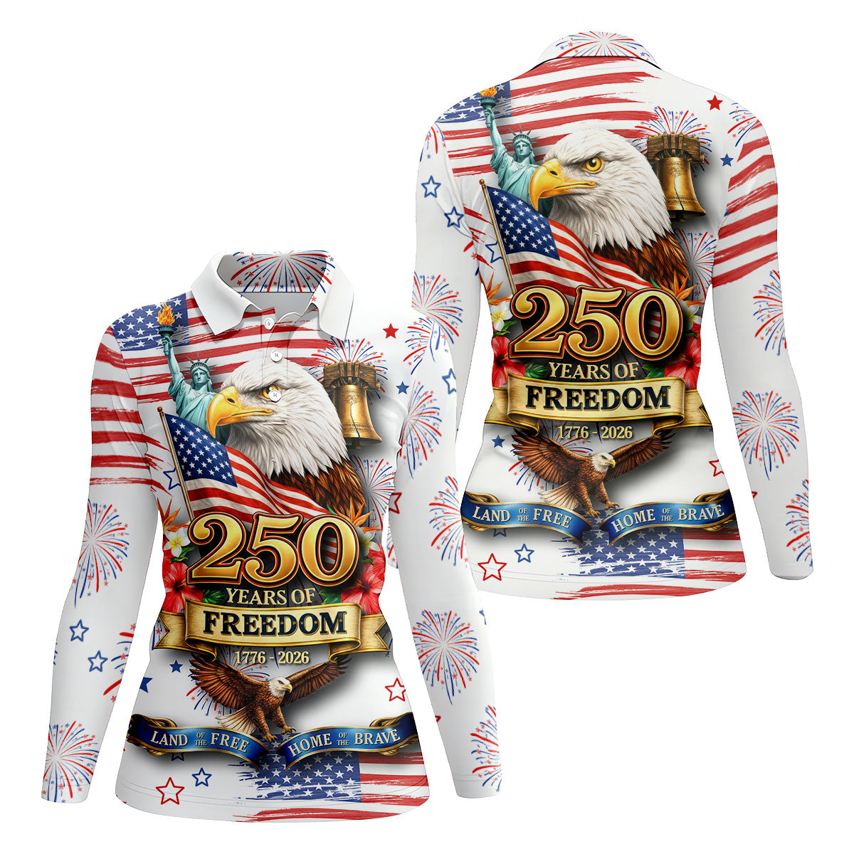 250 Years Of Freedom 1776-2026 White 4th Of July Women Golf Top, 250th Anniversary Patriotic Golf Shirt