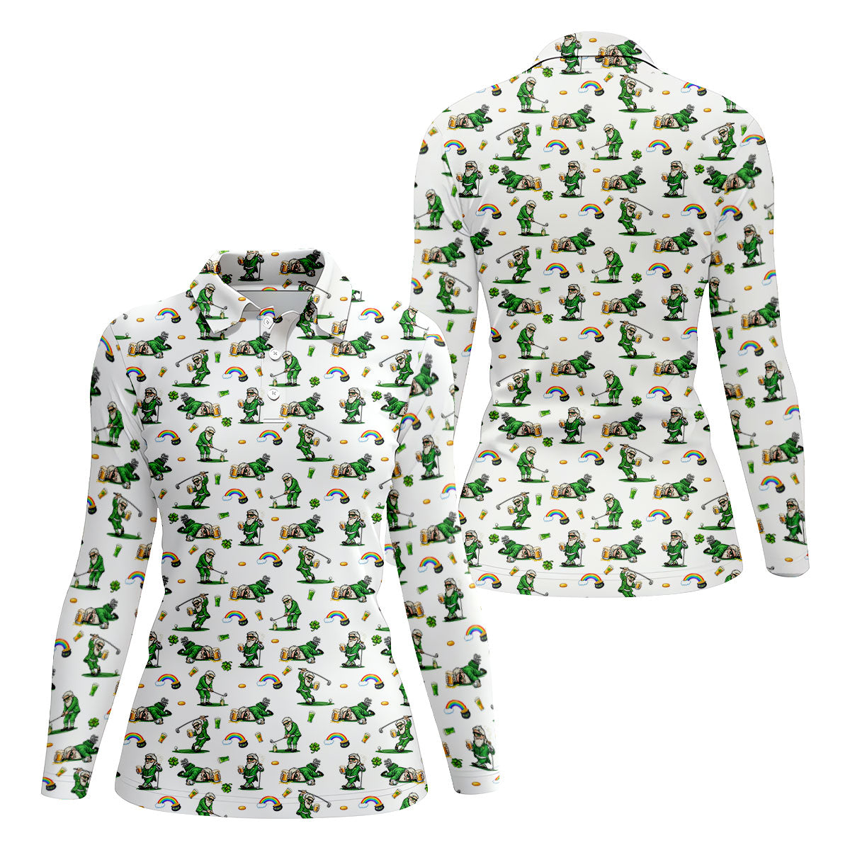 St Patrick's Day Leprechaun Character Golf And Beer White Golf Shirt, Fun Women's Golf Shirts, Ladies Golf Polos