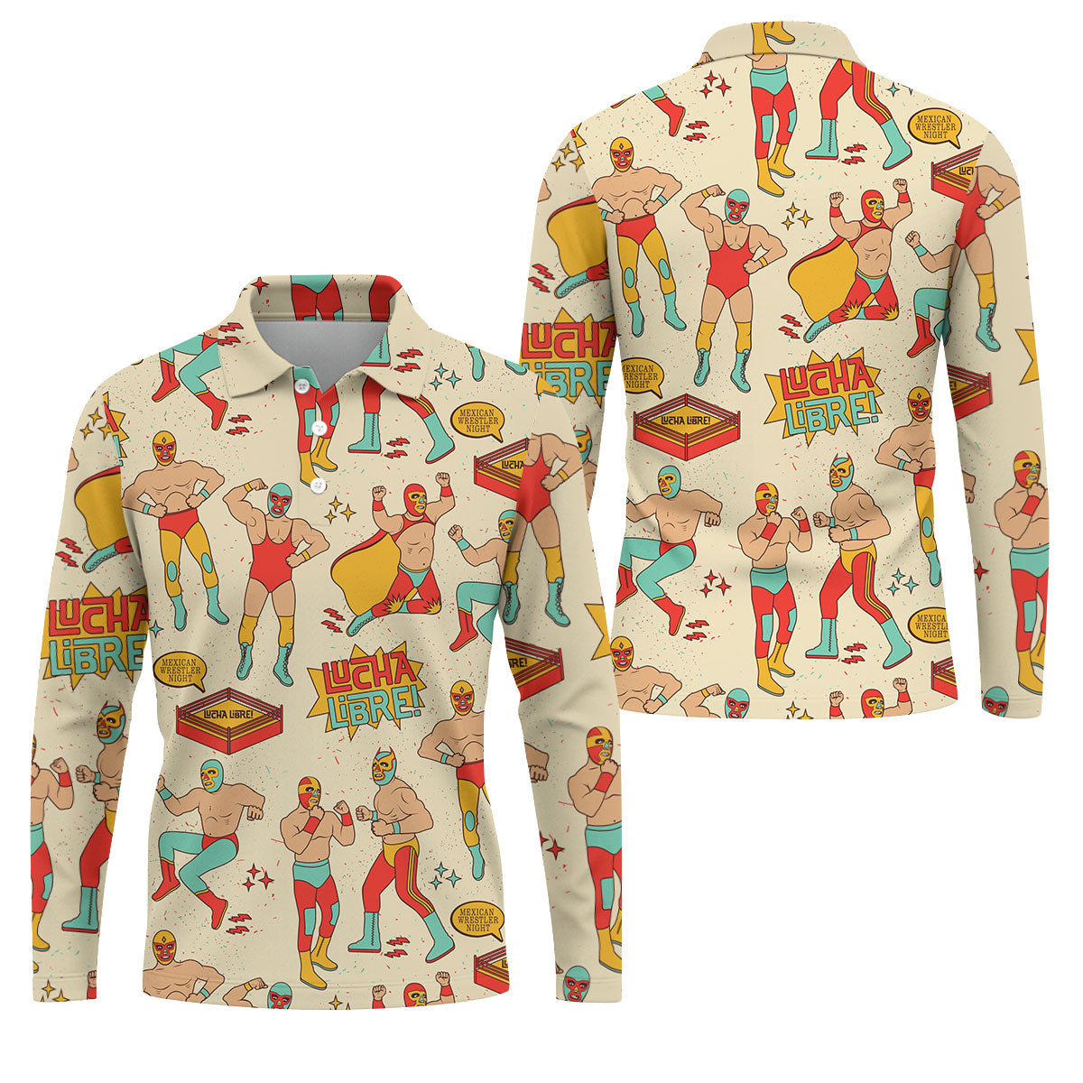 Beige Lucha Libre Mexican Wrestler Pattern Golf Shirt, Mens Golf Polo, Printed Golf Shirts