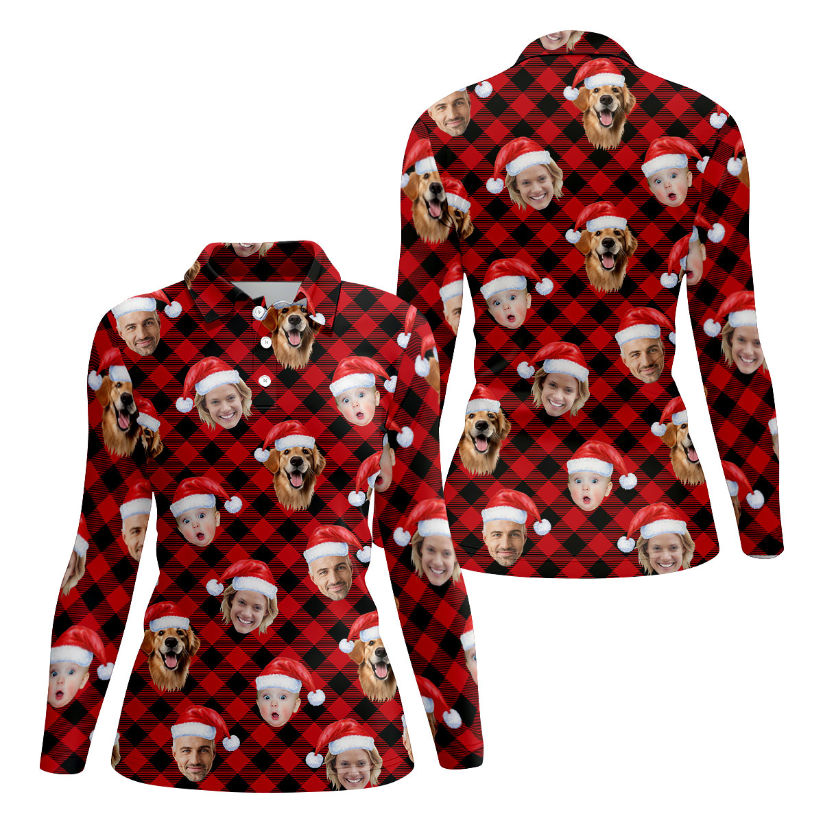 Custom Face Red And Black Checkered Christmas Golf Shirt, Women's Golf Tops, Ladies Golf Shirts