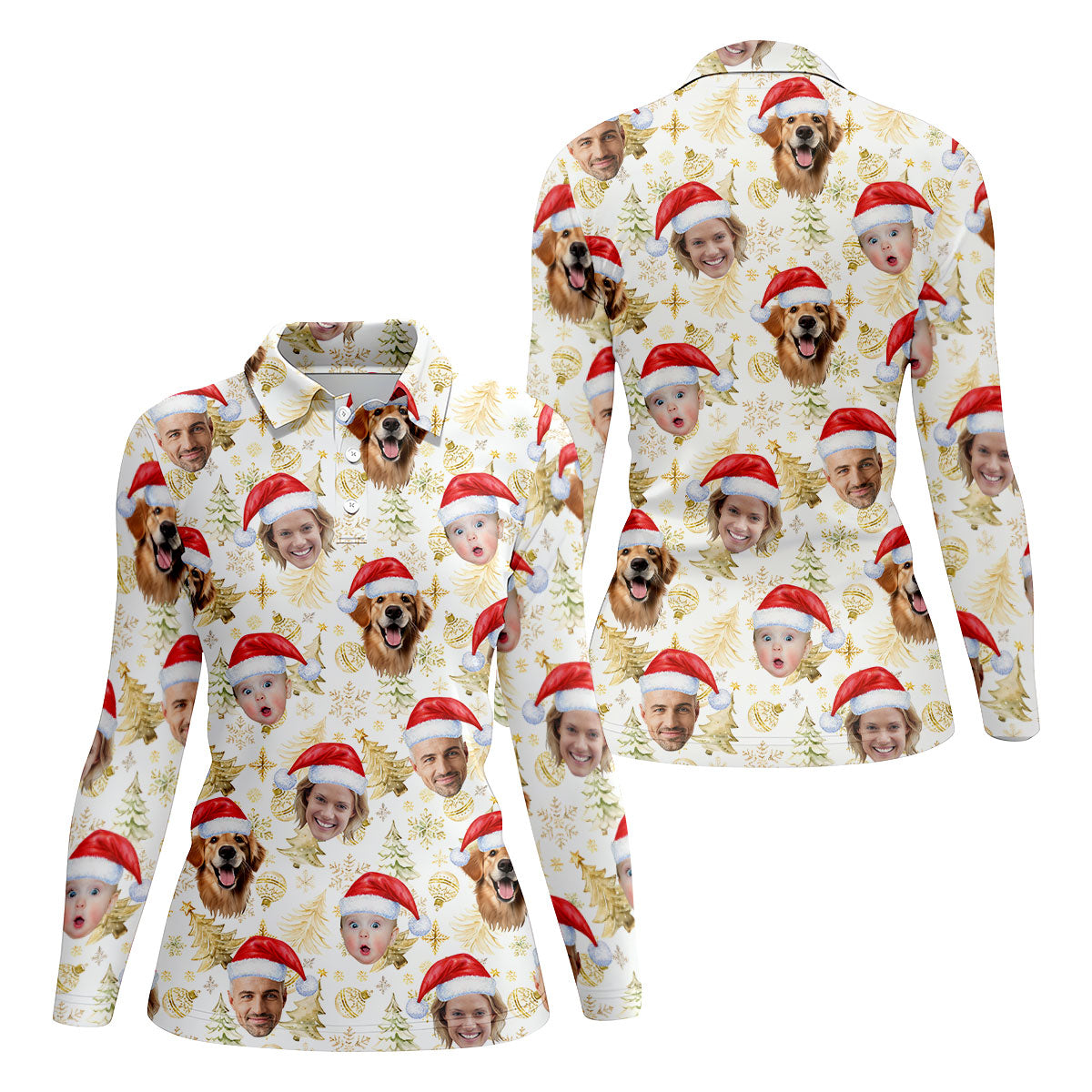 Custom Face Xmas Pattern Golden Print Christmas Golf Shirt, Ladies Golf Tops, Golf Gifts For Women