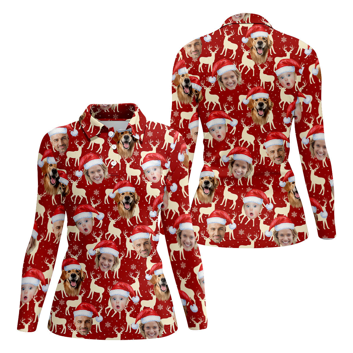 Custom Face Reindeer Pattern Beige And Red Christmas Golf Shirt, Ladies Golf Shirts, Golf Gifts For Women