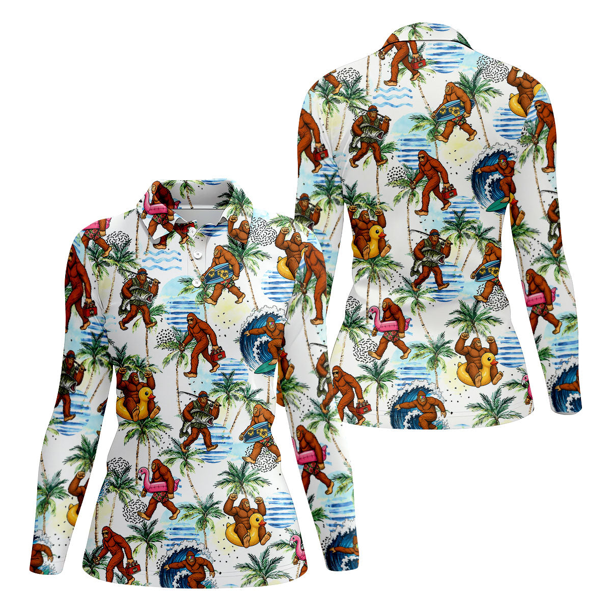 Tropical Bigfoot Surfing Fishing Beach Golf Shirt, Golf Tops For Women, Ladies Golf Shirts, Women’s Golf Apparel