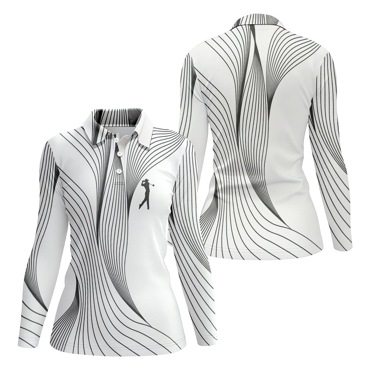 Geometric Line Wavy Line Black And White Women's Golf Tops, Ladies Golf Shirts, Women's Polo Shirt