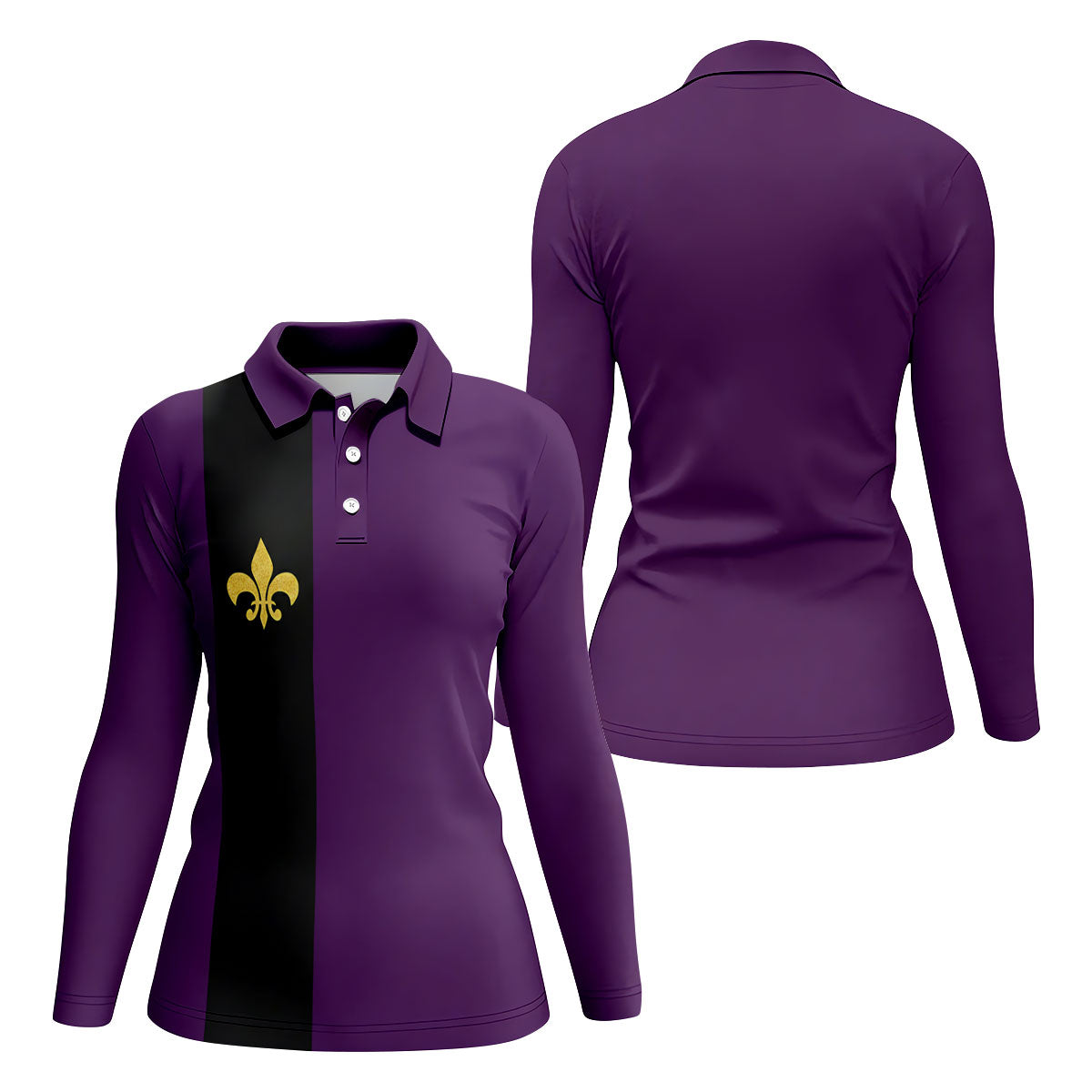 Mardi Gras Fleur De Lis Black Vertical Stripe Purple Golf Shirt, Women's Golf Tops, Ladies Golf Polos