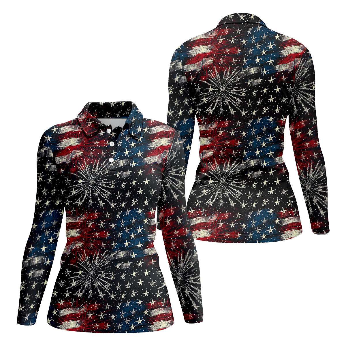 Patriotic American Flag Distressed Color 4th Of July Women Golf Top, 250th Anniversary Ladies Golf Shirts