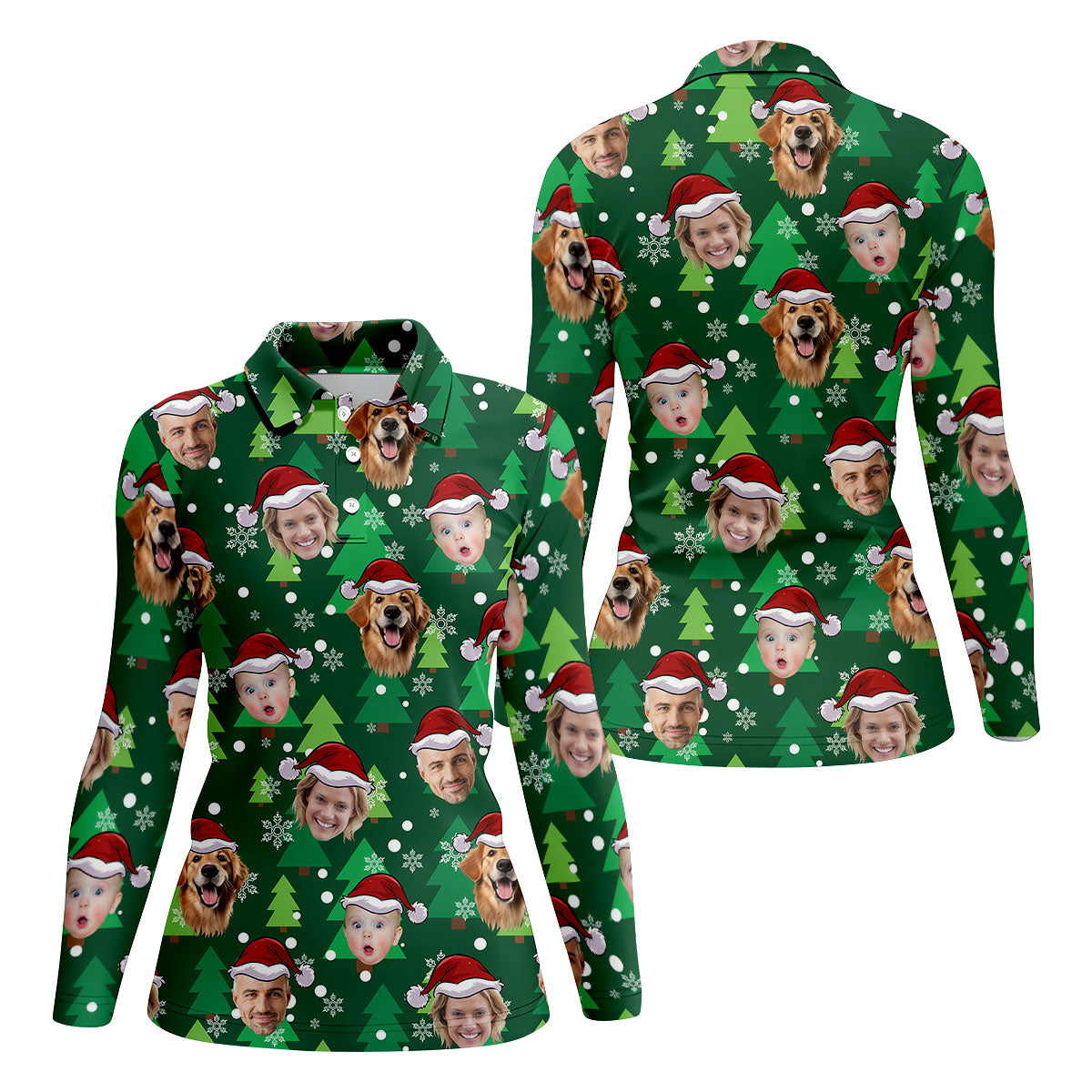 Custom Face Green Christmas Women's Golf Tops, Ladies Golf Shirts, Christmas Golf Gift