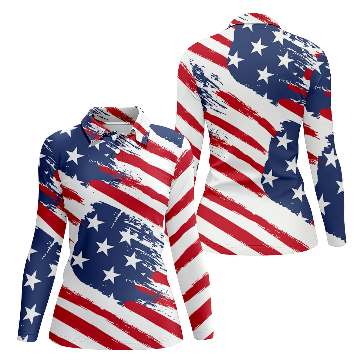 Distressed America Flag Pattern Women's Golf Tops, 250th Anniversary Ladies Golf Shirts