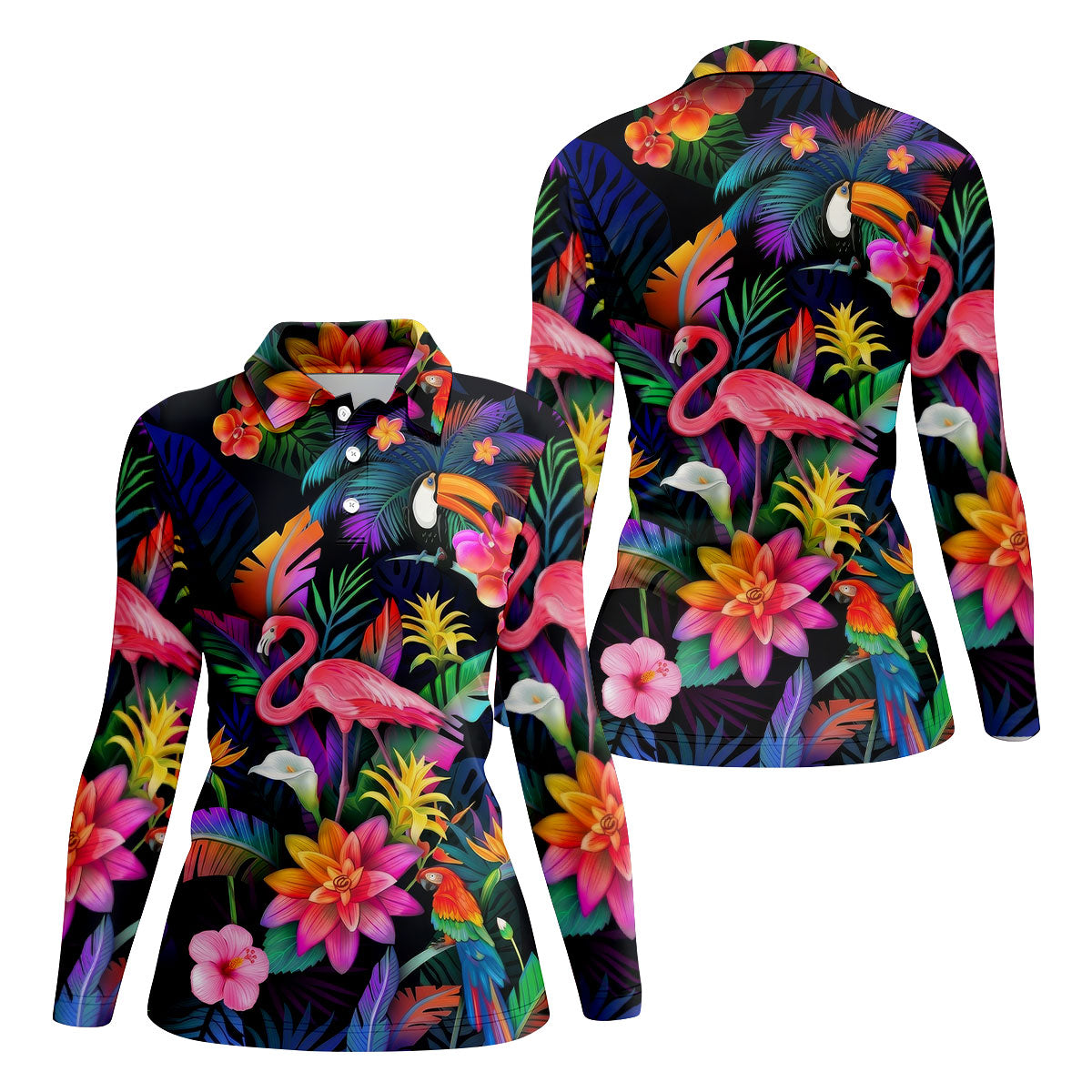 Colorful Tropical Birds And Flamingo Golf Shirt, Golf Polo For Women, Printed Golf Shirt