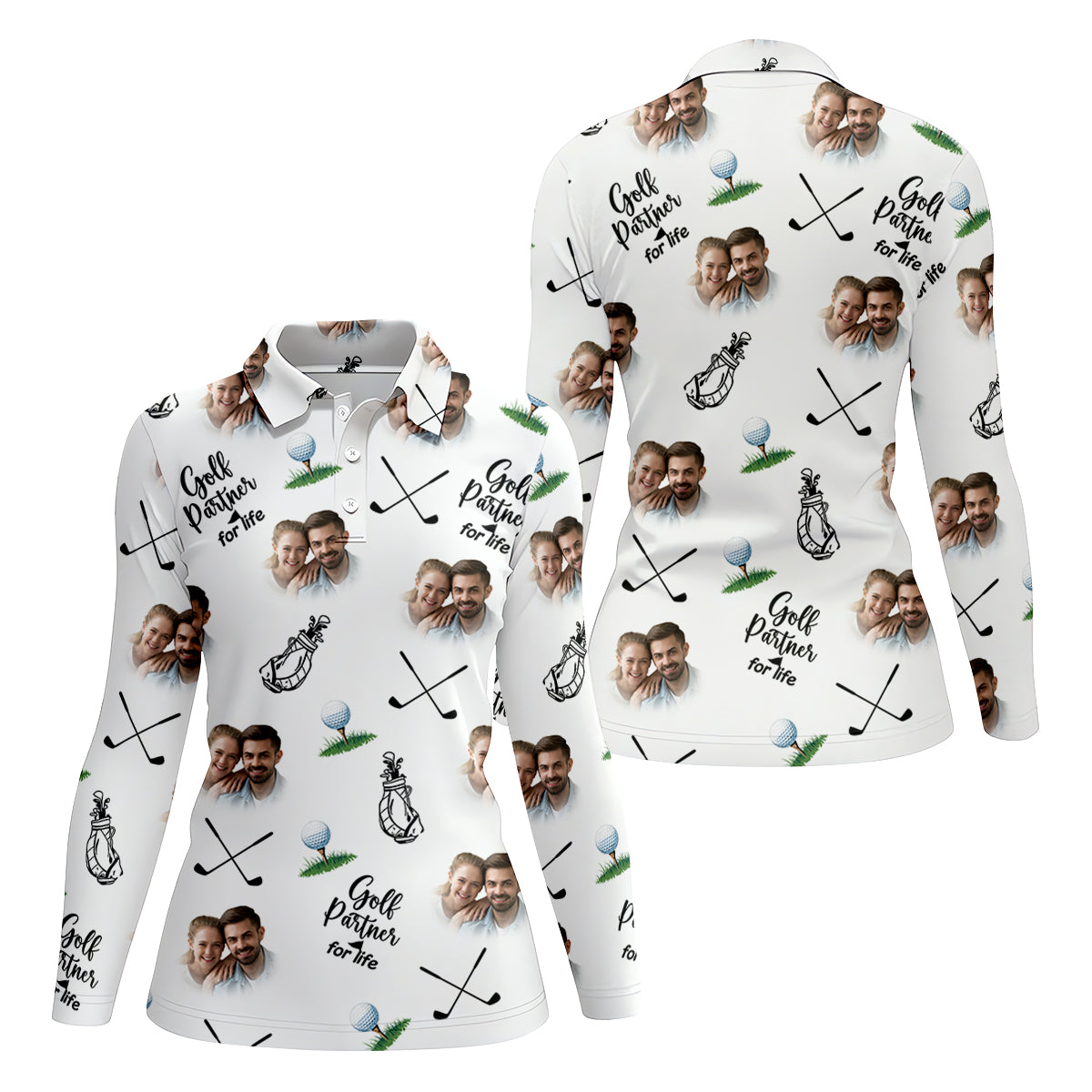 Golf Partner For Life Custom Photo White Women Golf Top, Valentines Golf Gift, Ladies Golf Polos