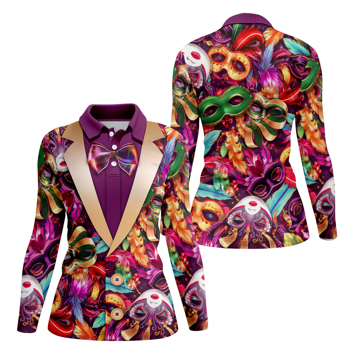 Colorful Mardi Gras Suit Print Fun Women's Golf Shirts, Women's Golf Tops, Ladies Golf Polos