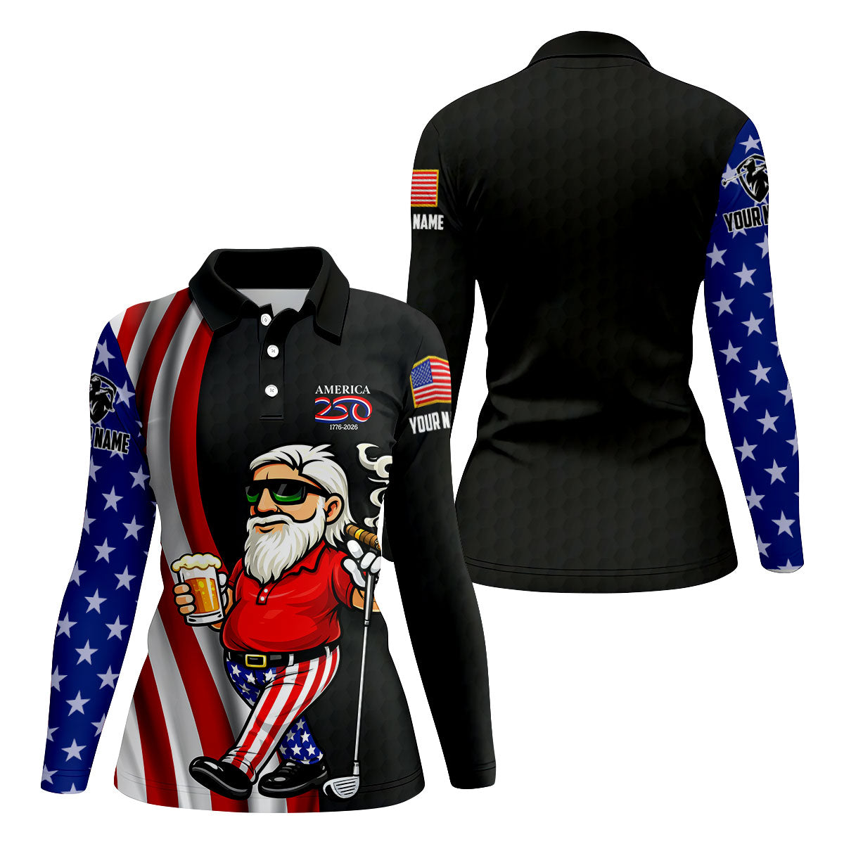 America 250 Patriotic Man 4th Of July Black Golf Shirt, Golf And Beer Women's Golf Tops