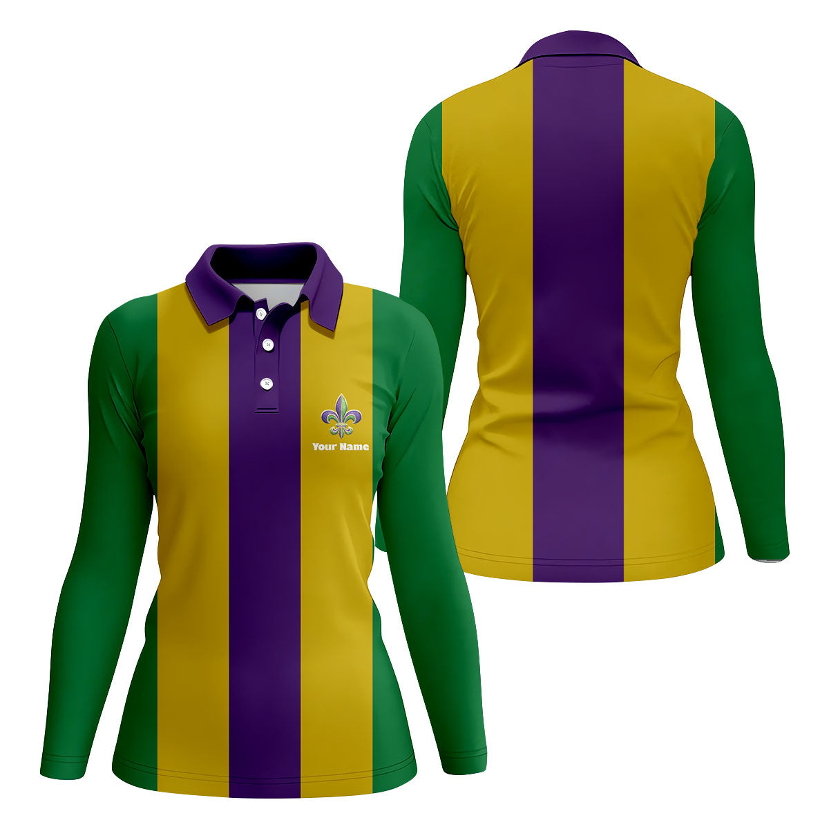 Vertical Stripes Purple Green Gold Mardi Gras Golf Shirt, Women's Golf Shirts, Ladies Golf Polos