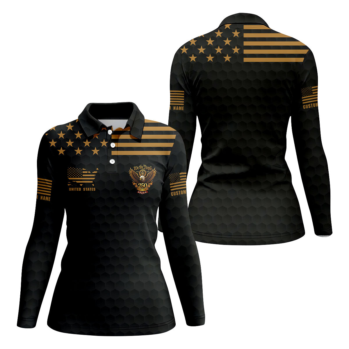 We The People 250 Years Golf Ball Pattern Black Golf Shirt, 4th Of July Patriotic Golf Shirt For Women