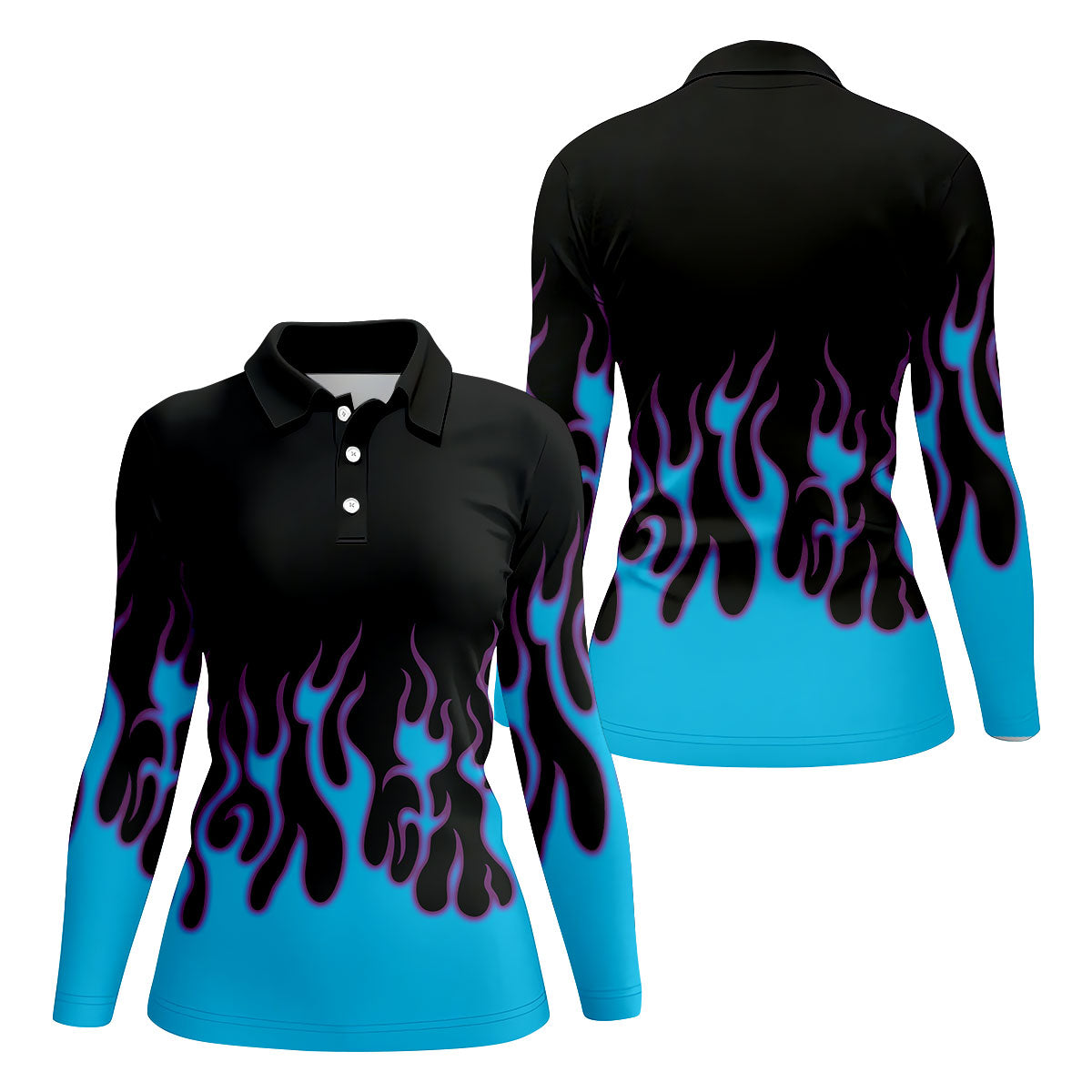 Black Cyan Purple Flame Sleeve Golf Shirt, Women's Golf Tops, Women’s Golf Apparel