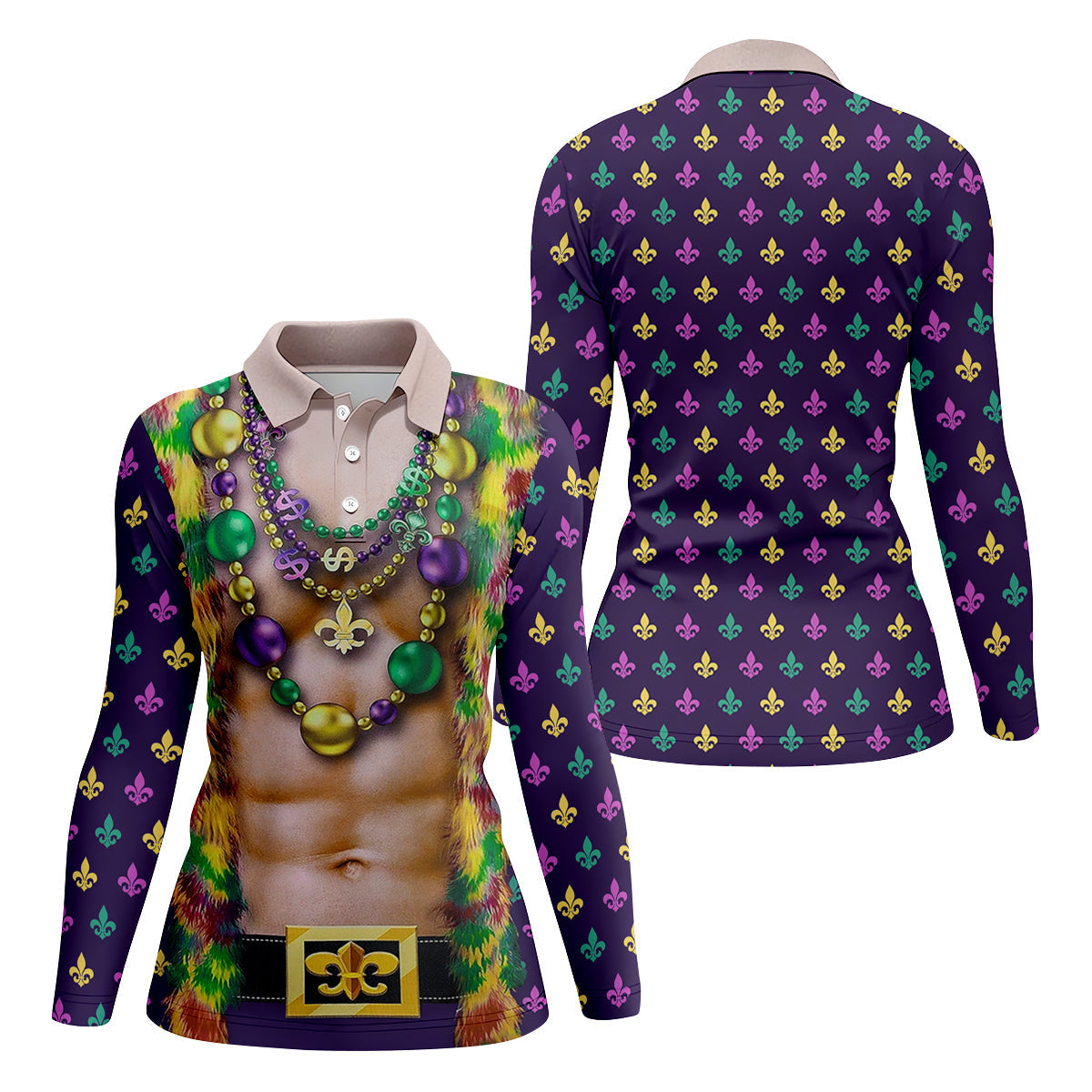 Green Purple Gold Fleur De Lis Symbol Fun Suit Mardi Gras Print Golf Shirt, Fun Women's Golf Shirts, Ladies Golf Polos
