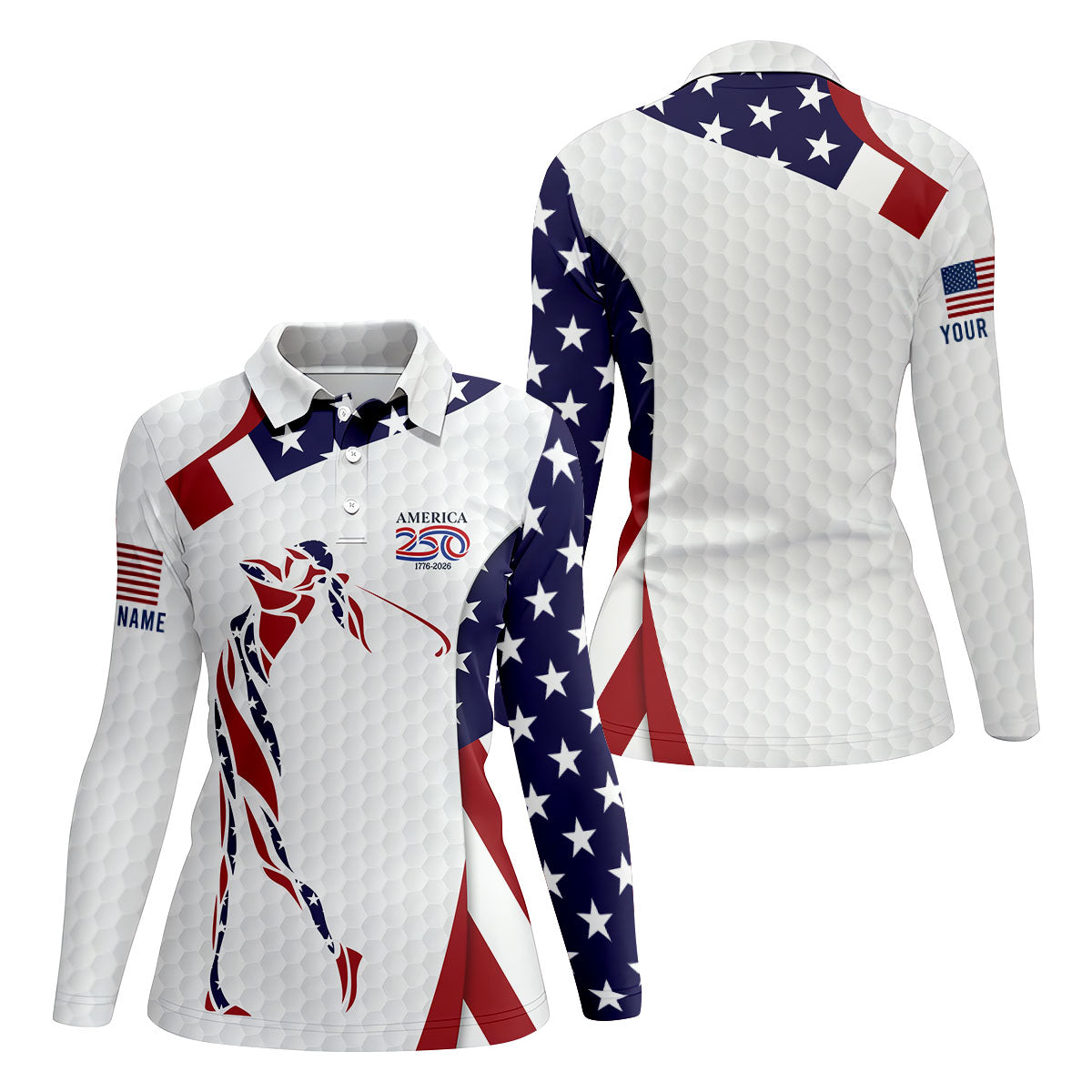 America 250 Golfer Pose Golf Ball Pattern 4th Of July Golf Shirt, Patriotic Golf Shirt, Golf Shirt For Women