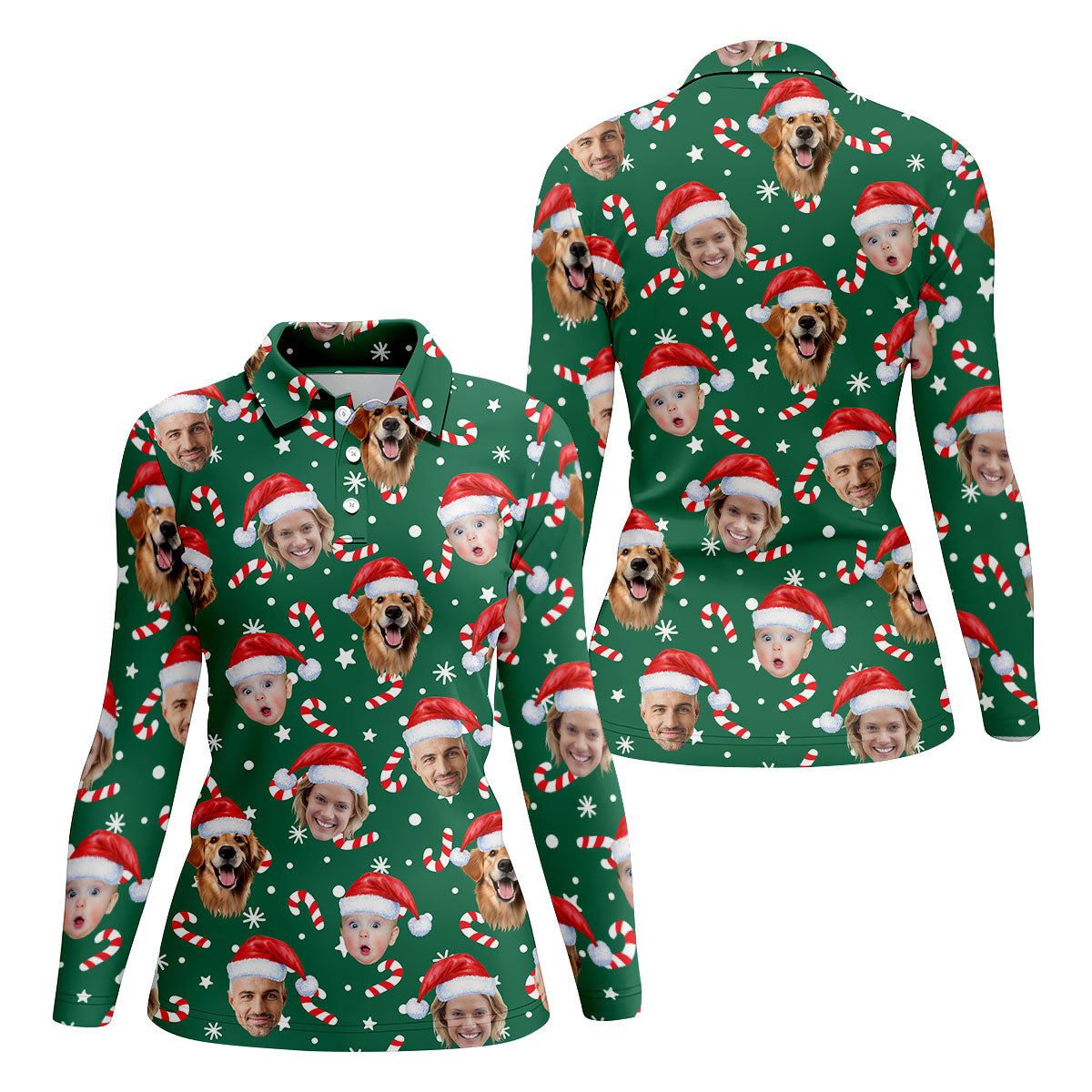 Custom Face Candy Cane Pattern Green Golf Shirt, Christmas Golf Shirt, Women's Golf Tops, Ladies Golf Shirts
