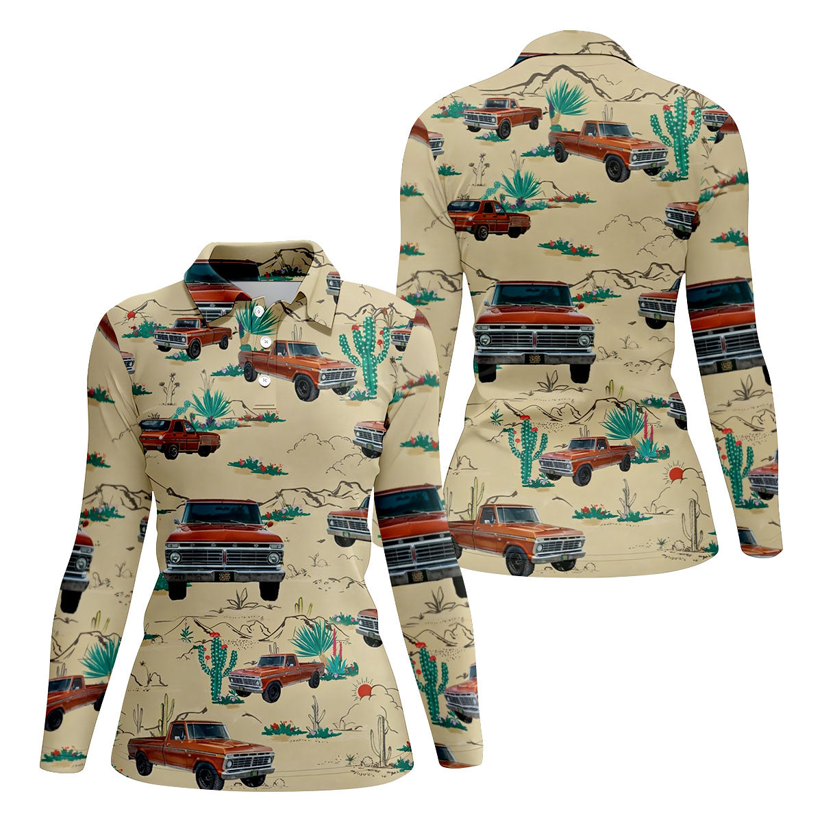 Personalized Pickup Truck Golf Shirt, Southwestern Desert Cactus Pattern, Golf Shirt For Women