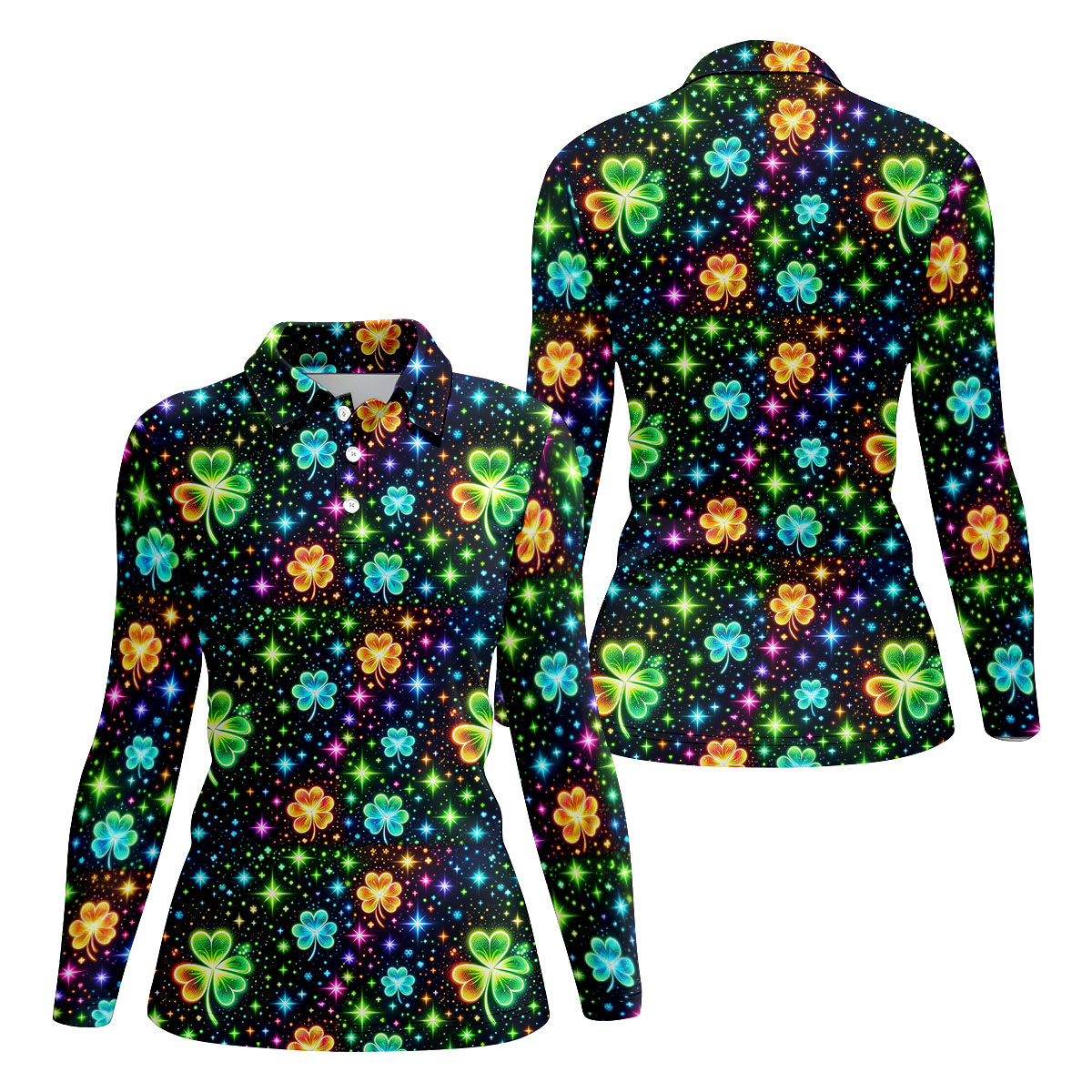 The Star And The Shamrock Rainbow Glitter St Patrick's Golf Shirt, Women's Golf Tops, Ladies Golf Polos