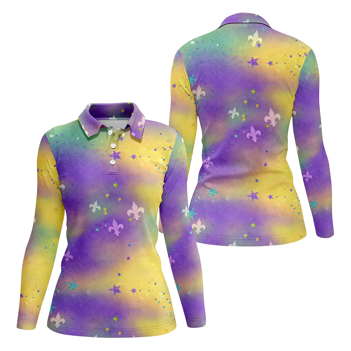Fleur-De-Lis Symbol Green Gold Purple Blended Color Mardi Gras Golf Shirt, Women's Golf Shirts, Ladies Golf Polos